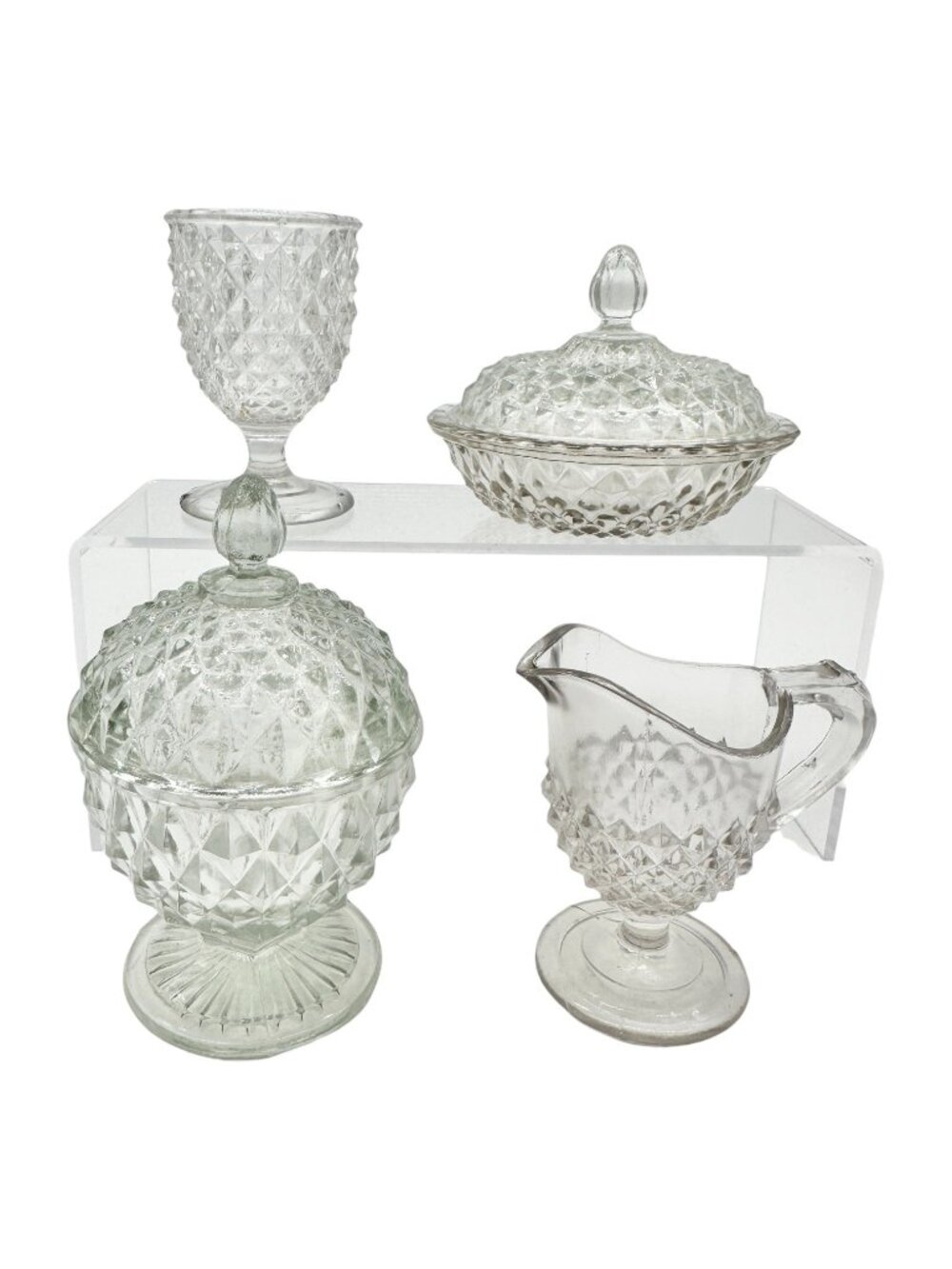 Vintage Pressed Sawtooth Glass 4pc Childrens Tableware Set TS-45 Smooth Top